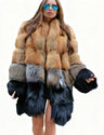 Women's Mid-length Trendy Faux Fur Coat With Yellow And Black Color Block, Fox Fur Imitation
